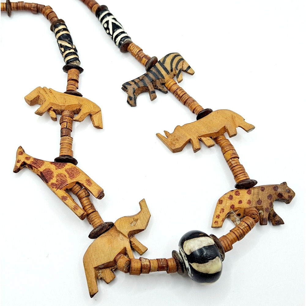 Vintage Zoo Animal Necklace Safari Carved Wood Brown Black Beaded Pullover 30"